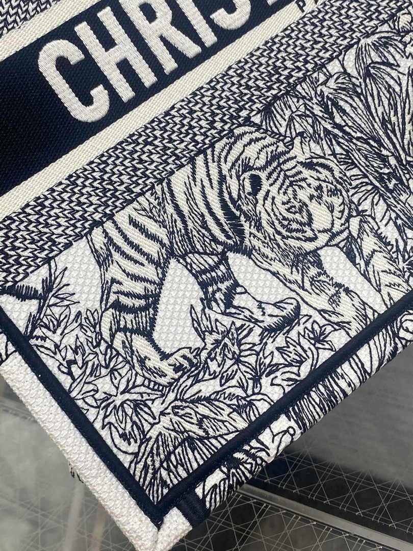 Dior Medium Book Tote M1296 Blue Tiger Embroidery