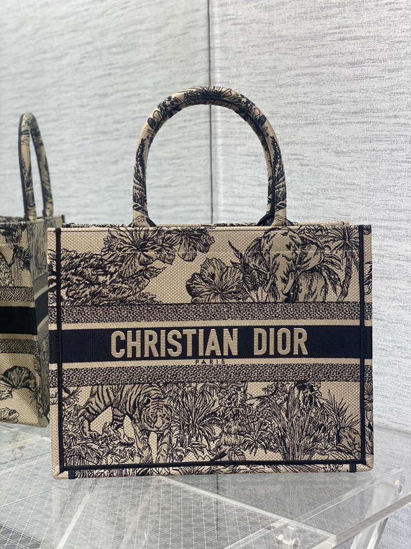 Dior Medium Book Tote M1296 Black Tiger Embroidery