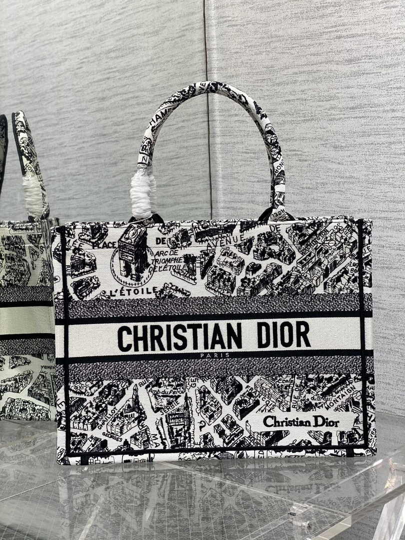 Medium Dior Book Tote M1296 Beige and Black Plan de Paris Embroidery