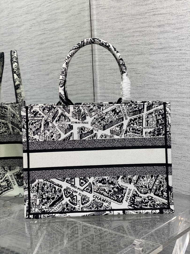 Medium Dior Book Tote M1296 Beige and Black Plan de Paris Embroidery
