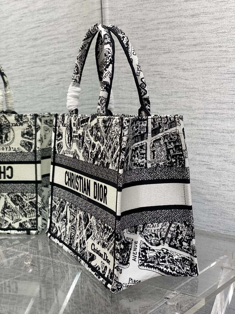 Medium Dior Book Tote M1296 Beige and Black Plan de Paris Embroidery