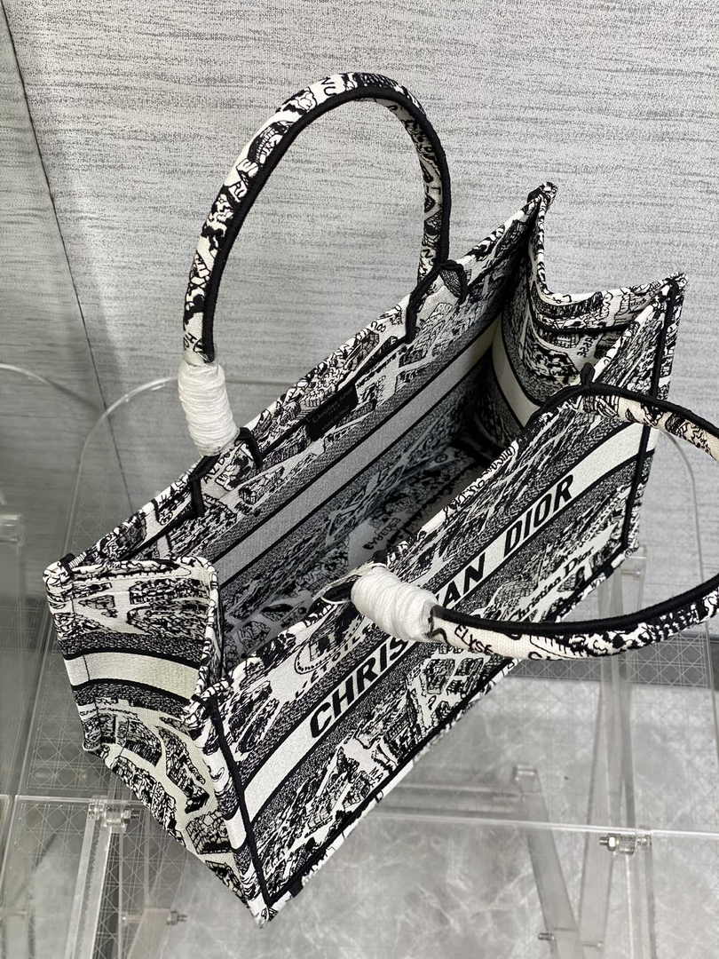 Medium Dior Book Tote M1296 Beige and Black Plan de Paris Embroidery