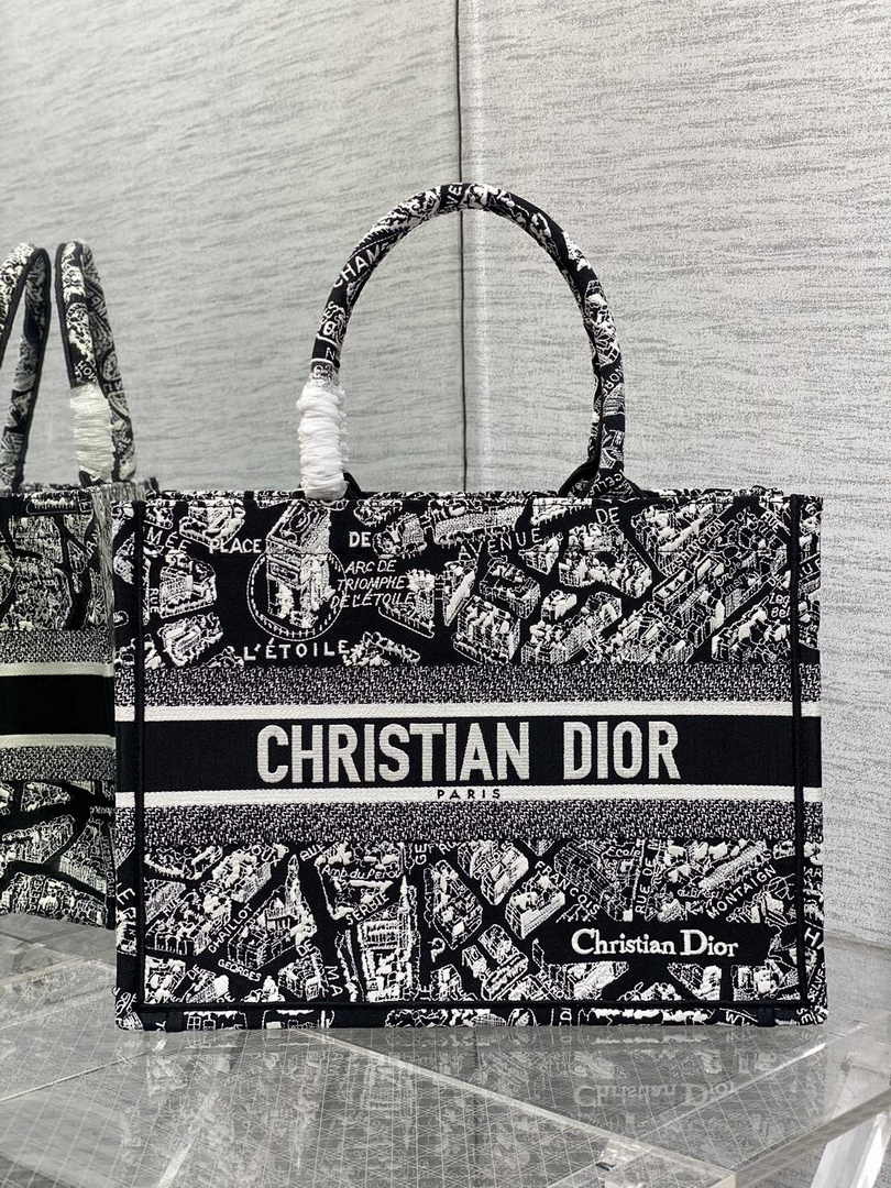 Medium Dior Book Tote M1296 Black and White Plan de Paris Embroidery