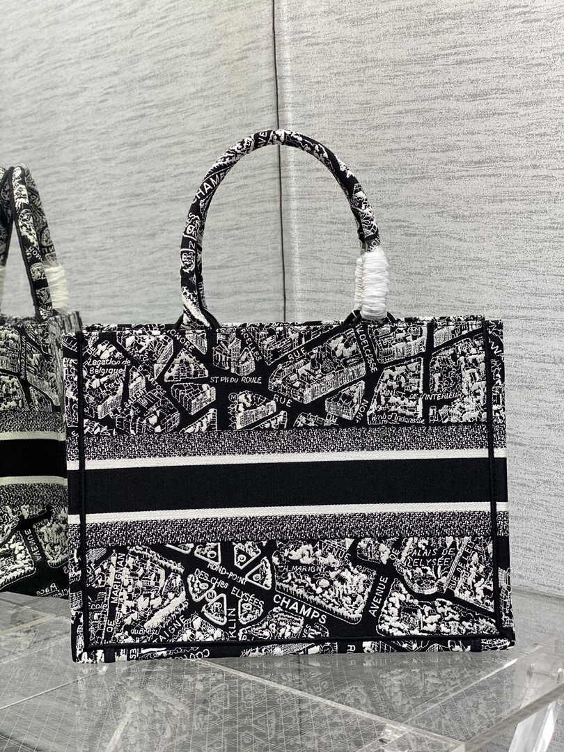 Medium Dior Book Tote M1296 Black and White Plan de Paris Embroidery