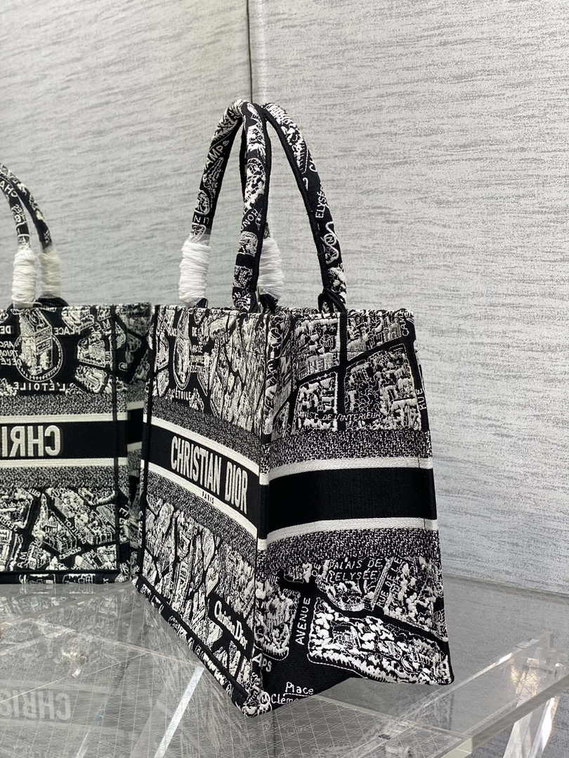 Medium Dior Book Tote M1296 Black and White Plan de Paris Embroidery