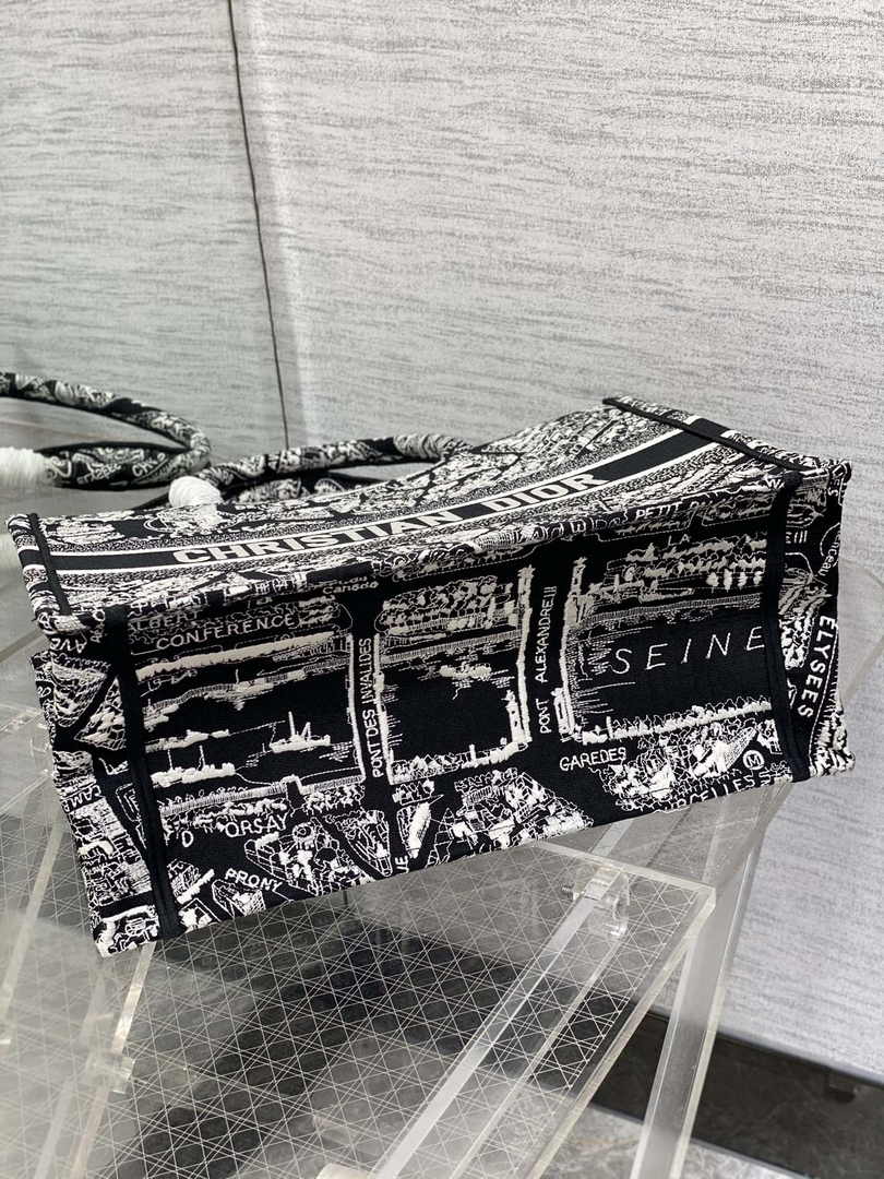 Medium Dior Book Tote M1296 Black and White Plan de Paris Embroidery