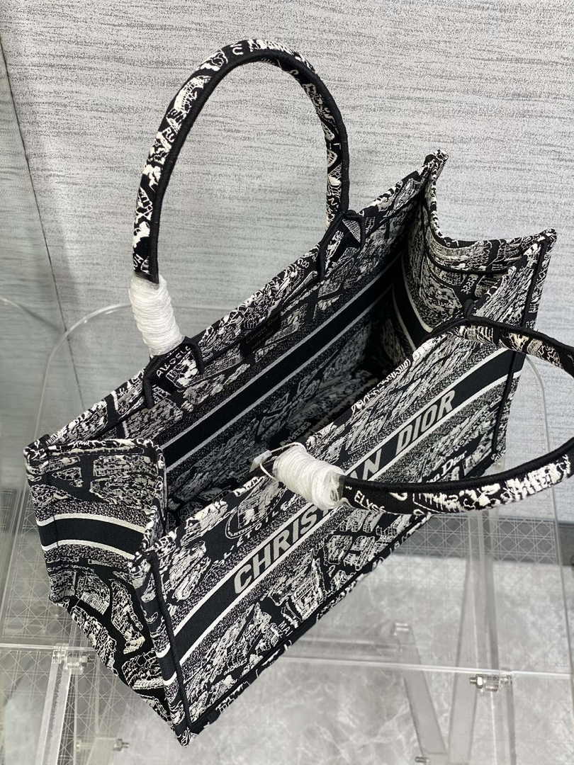 Medium Dior Book Tote M1296 Black and White Plan de Paris Embroidery