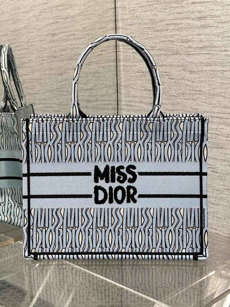 Medium Dior Book Tote M1296 Pale Blue and Black Miss Dior Allover Embroidery - Default Title - View 1