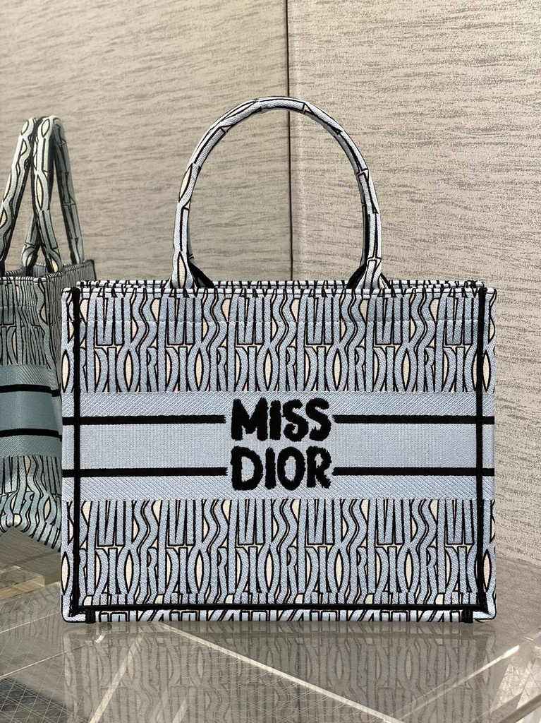 Medium Dior Book Tote M1296 Pale Blue and Black Miss Dior Allover Embroidery - Default Title - View 2