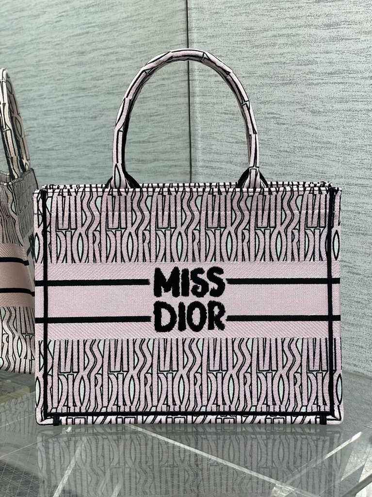 Medium Dior Book Tote M1296 White and Pale Pink Miss Dior Allover Embroidery - Default Title - View 1