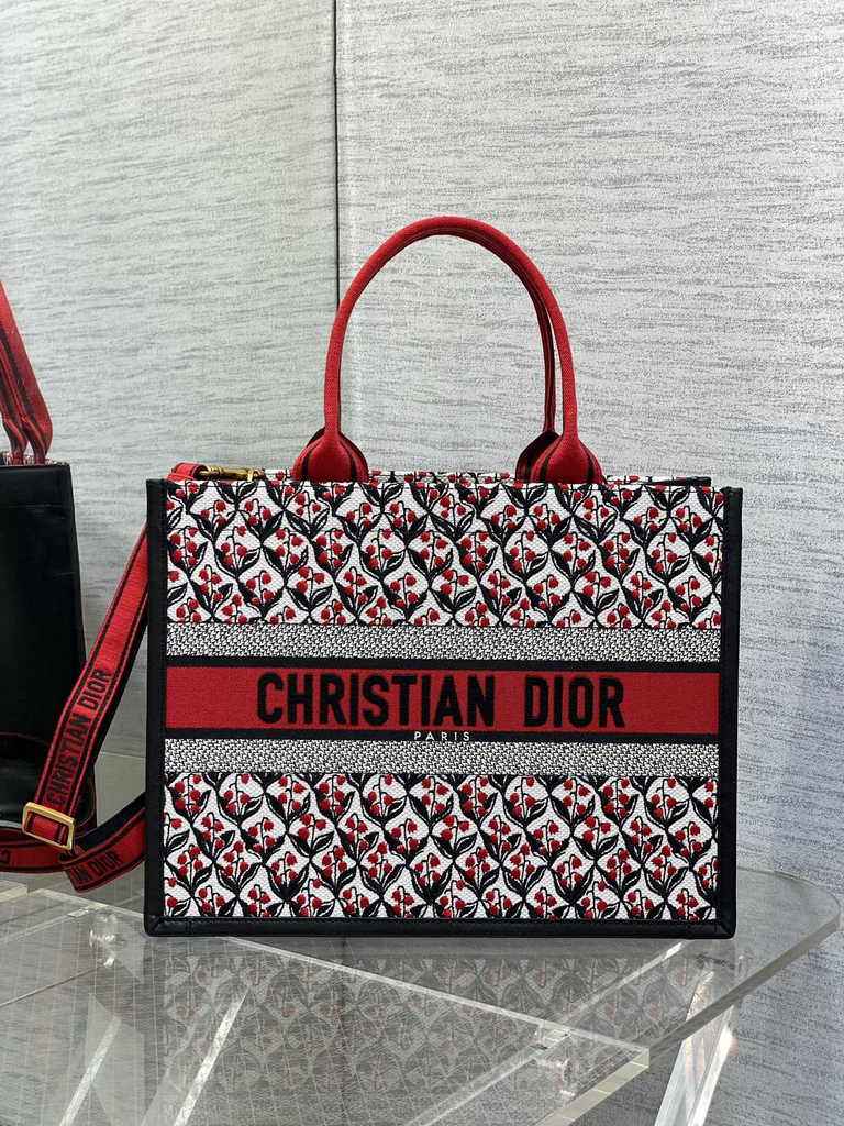 Medium Dior Book Tote M1296 White, Black and Red Dior Lily of the Valley Embroidery - Default Title - View 1