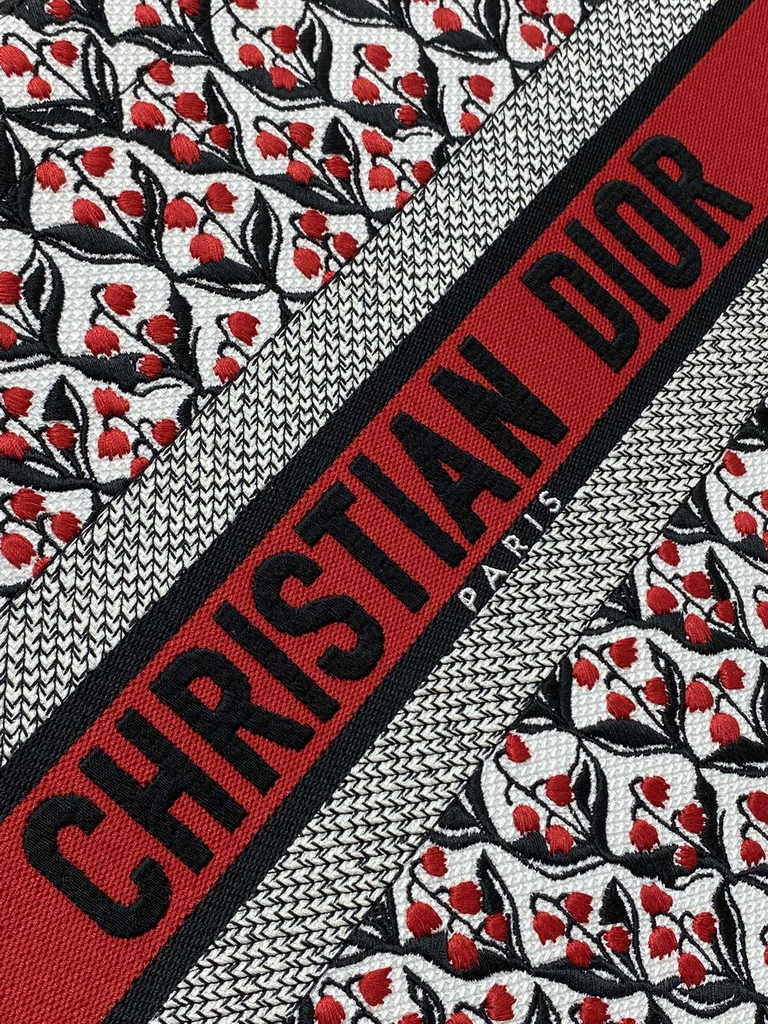 Medium Dior Book Tote M1296 White, Black and Red Dior Lily of the Valley Embroidery - Default Title - View 9