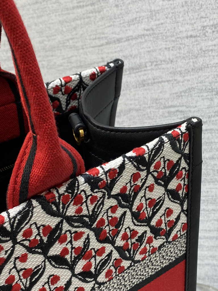 Medium Dior Book Tote M1296 White, Black and Red Dior Lily of the Valley Embroidery - Default Title - View 8