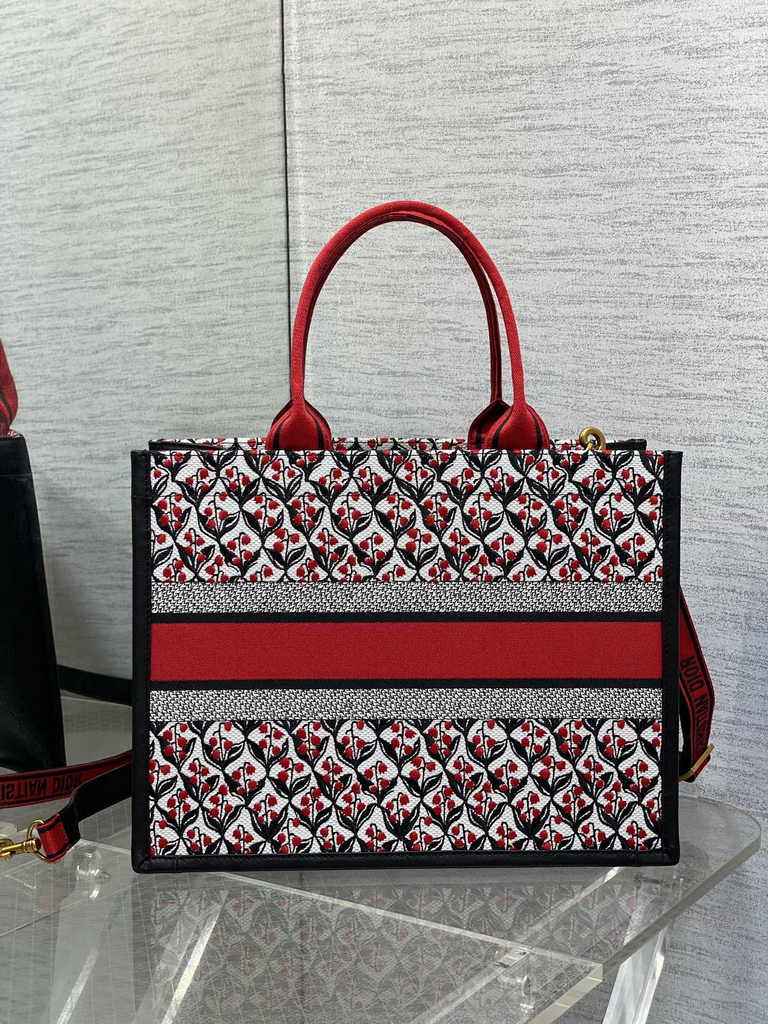 Medium Dior Book Tote M1296 White, Black and Red Dior Lily of the Valley Embroidery - Default Title - View 2
