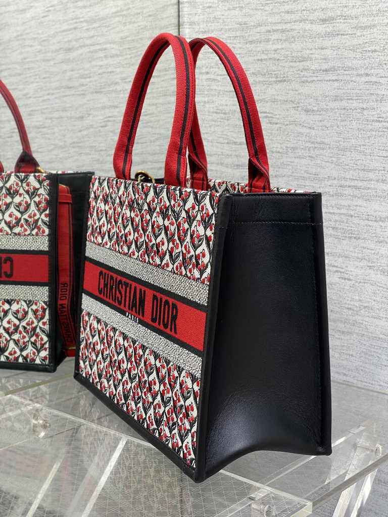 Medium Dior Book Tote M1296 White, Black and Red Dior Lily of the Valley Embroidery - Default Title - View 3