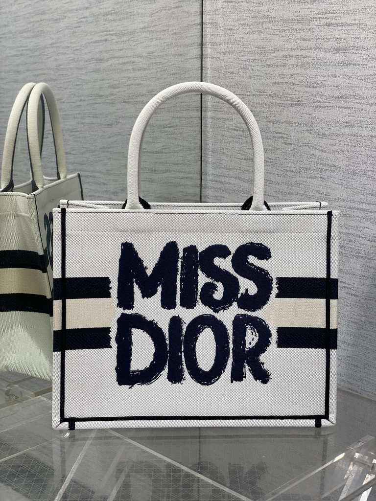 Medium Dior Book Tote M1296 White and Blue Miss Dior Graffiti Embroidery - Default Title - View 1