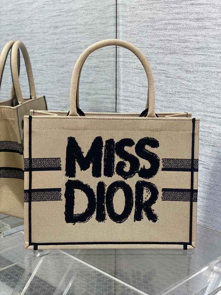 Medium Dior Book Tote M1296 Beige and Black Miss Dior Graffiti Embroidery - Default Title - View 1