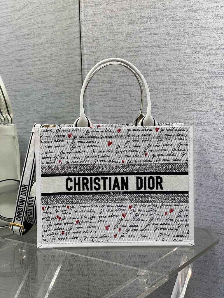 Medium Dior Book Tote M1296 White Embroidery with Black and Red - Default Title - View 1