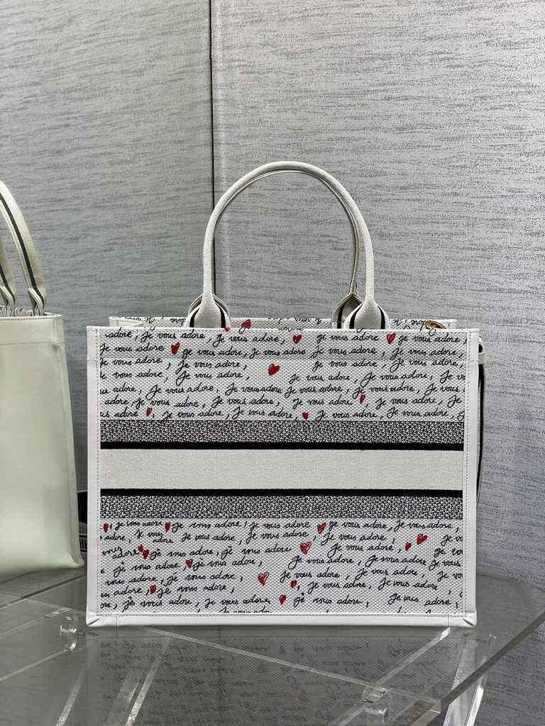 Medium Dior Book Tote M1296 White Embroidery with Black and Red - Default Title - View 2