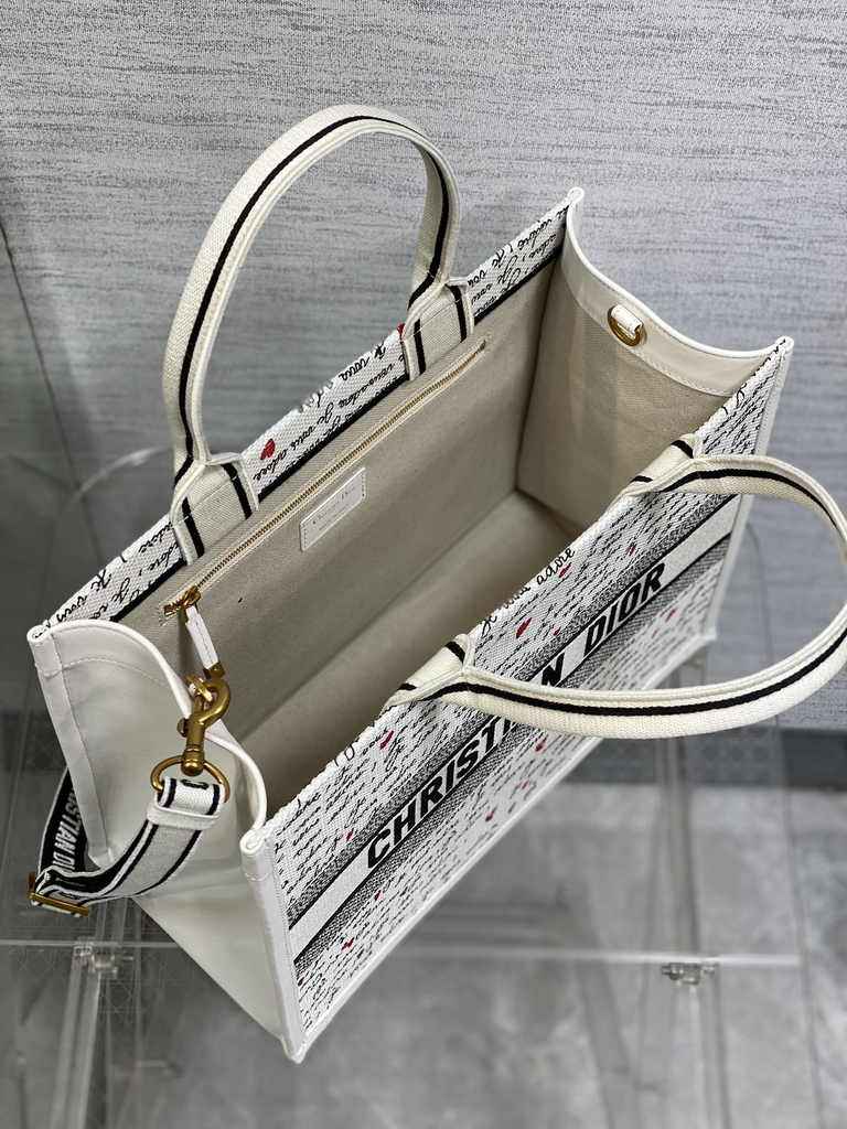 Medium Dior Book Tote M1296 White Embroidery with Black and Red - Default Title - View 4