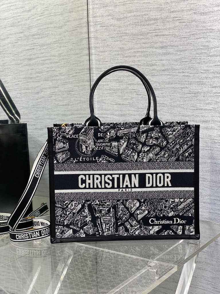 Medium Dior Book Tote M1296 White and Black Plan de Paris Embroidery with Black Calfskin - Default Title - View 1