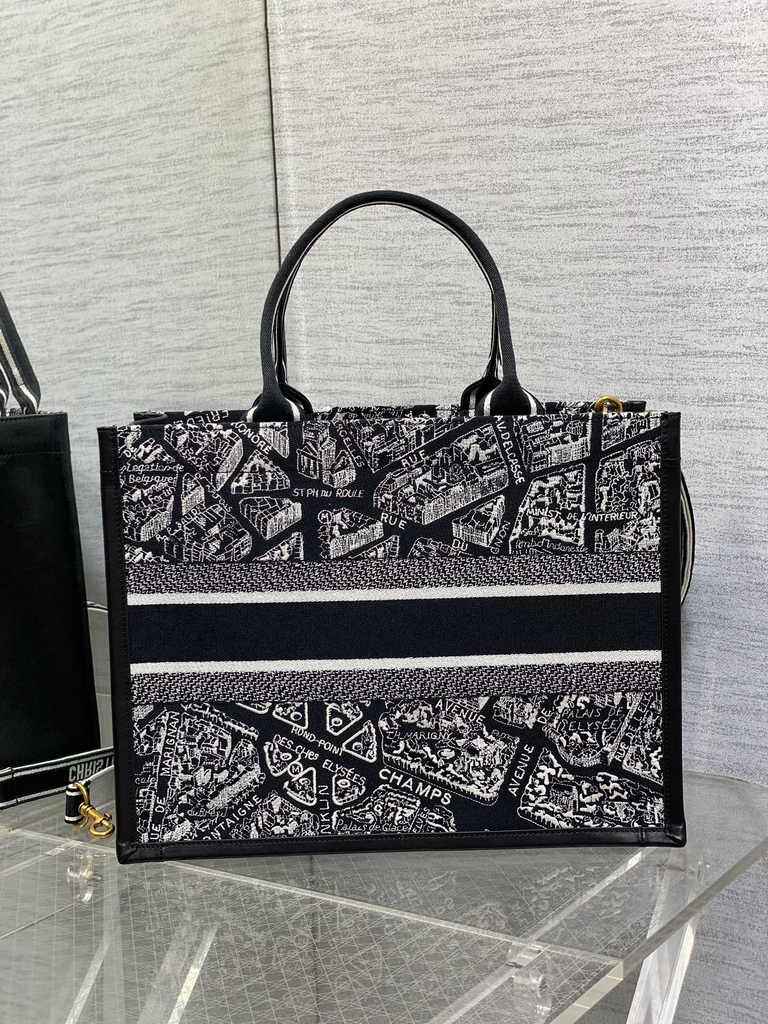 Medium Dior Book Tote M1296 White and Black Plan de Paris Embroidery with Black Calfskin - Default Title - View 2
