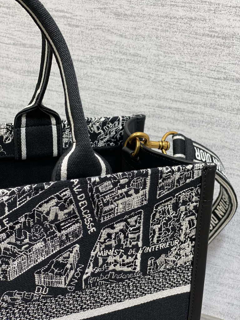 Medium Dior Book Tote M1296 White and Black Plan de Paris Embroidery with Black Calfskin - Default Title - View 9