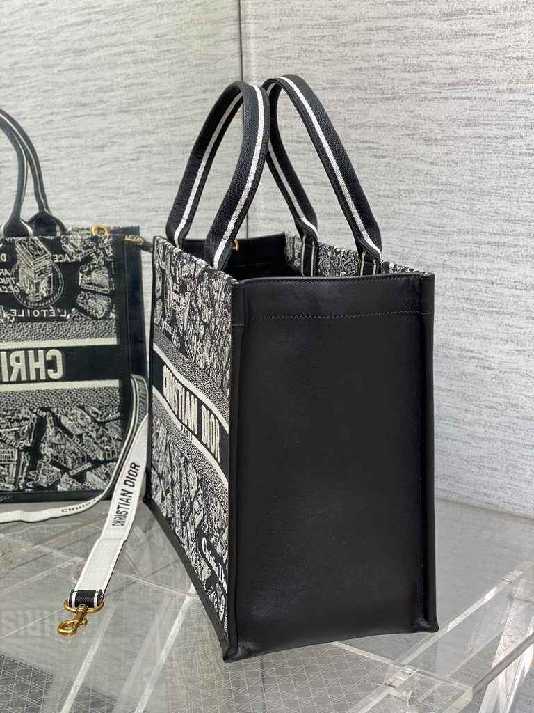 Medium Dior Book Tote M1296 White and Black Plan de Paris Embroidery with Black Calfskin - Default Title - View 3