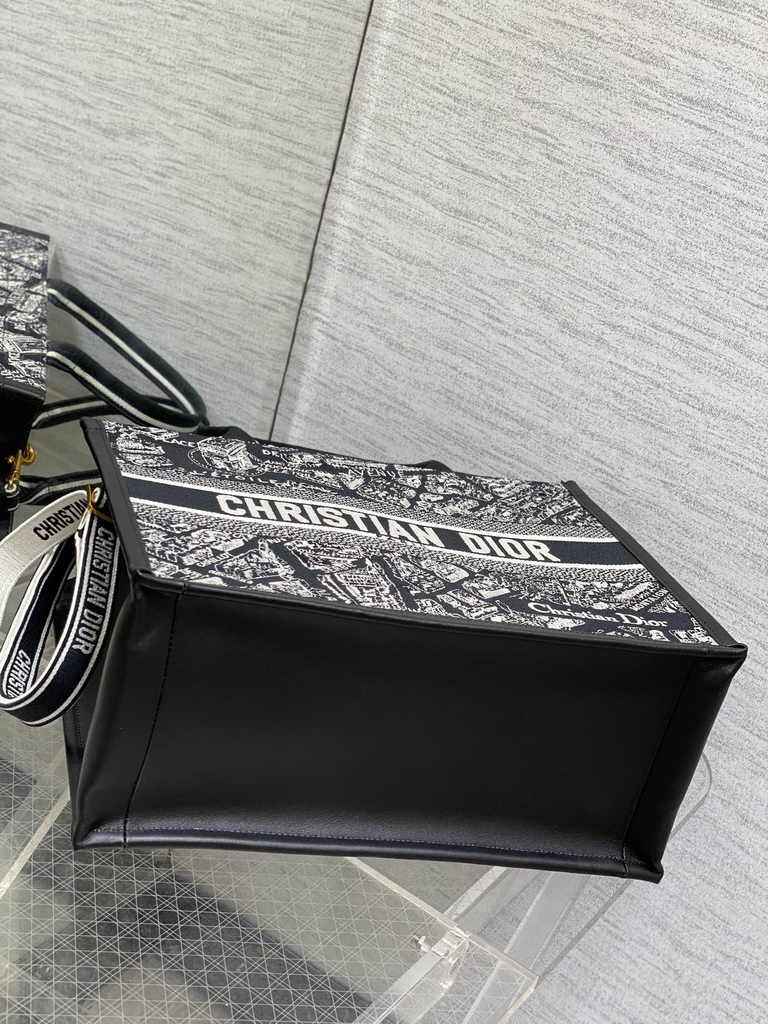 Medium Dior Book Tote M1296 White and Black Plan de Paris Embroidery with Black Calfskin - Default Title - View 4