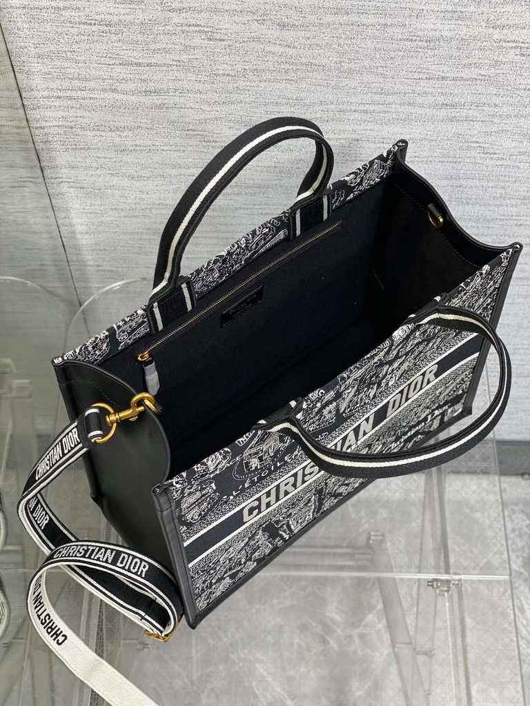Medium Dior Book Tote M1296 White and Black Plan de Paris Embroidery with Black Calfskin - Default Title - View 5