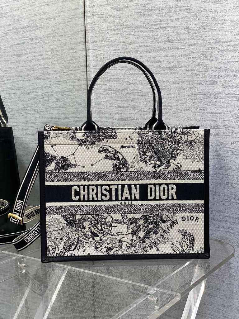 Medium Dior Book Tote M1296 Latte Multicolor Dior Zodiac Embroidery and Black Calfskin - Default Title - View 1