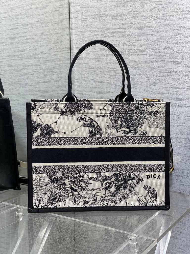Medium Dior Book Tote M1296 Latte Multicolor Dior Zodiac Embroidery and Black Calfskin - Default Title - View 2