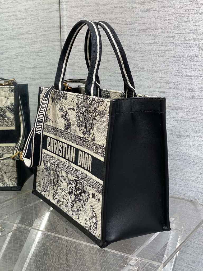 Medium Dior Book Tote M1296 Latte Multicolor Dior Zodiac Embroidery and Black Calfskin - Default Title - View 3