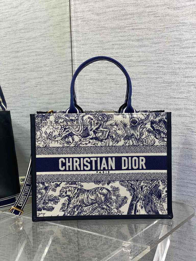 Medium Dior Book Tote M1296 White and Navy Blue Toile de Jouy Sauvage Embroidery - Default Title - View 1