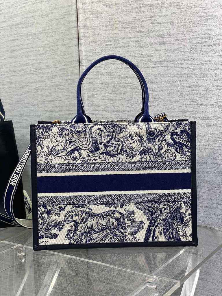 Medium Dior Book Tote M1296 White and Navy Blue Toile de Jouy Sauvage Embroidery - Default Title - View 2