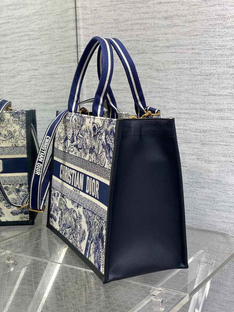 Medium Dior Book Tote M1296 White and Navy Blue Toile de Jouy Sauvage Embroidery - Default Title - View 3