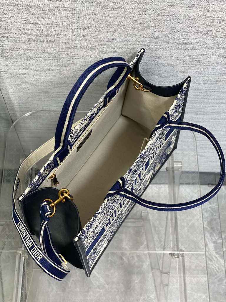 Medium Dior Book Tote M1296 White and Navy Blue Toile de Jouy Sauvage Embroidery - Default Title - View 5