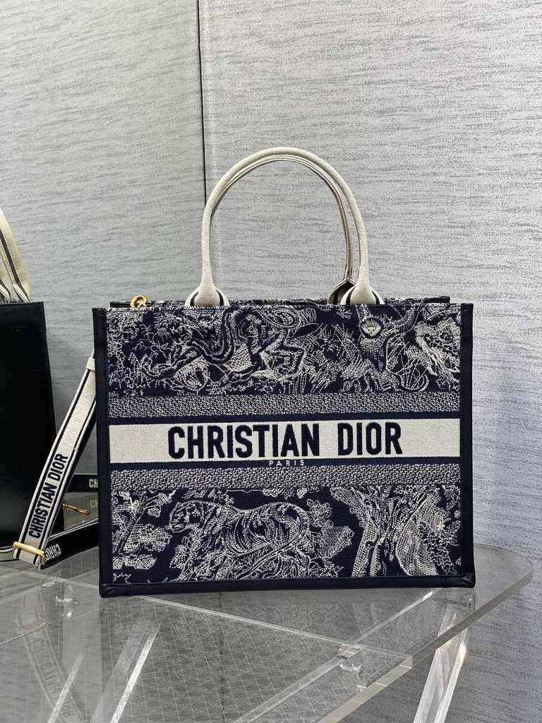 Medium Dior Book Tote M1296 Blue and Ecru Toile de Jouy Reverse Embroidery - Default Title - View 1