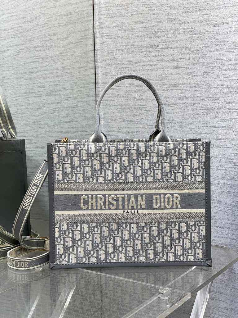 Medium Dior Book Tote M1296 Gray Dior Oblique Embroidery and Calfskin - Default Title - View 1