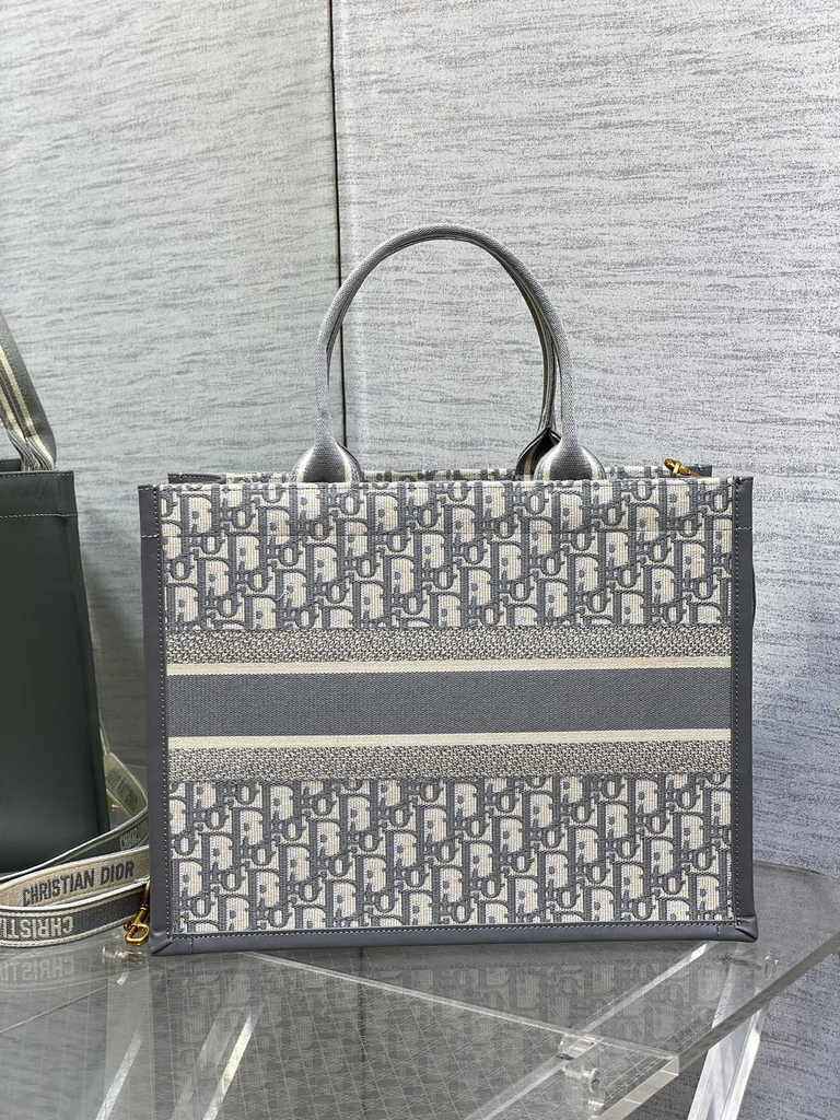 Medium Dior Book Tote M1296 Gray Dior Oblique Embroidery and Calfskin - Default Title - View 2