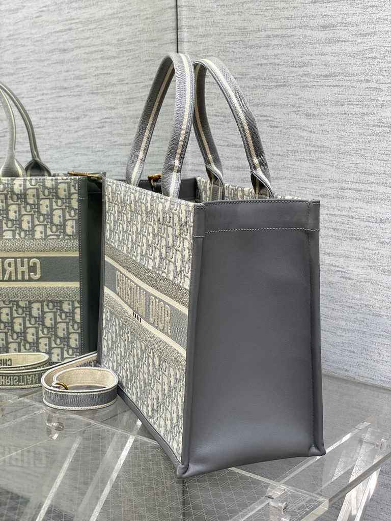 Medium Dior Book Tote M1296 Gray Dior Oblique Embroidery and Calfskin - Default Title - View 3