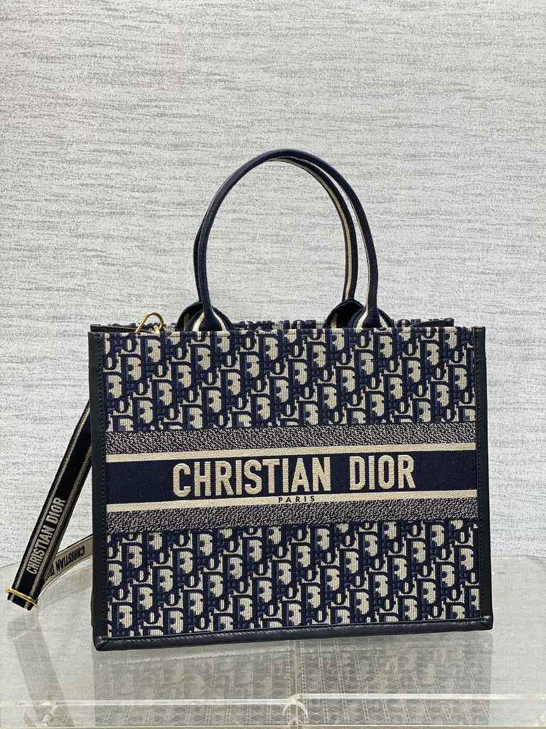 Medium Dior Book Tote M1296 Blue Dior Oblique Embroidery and Calfskin - Default Title - View 1
