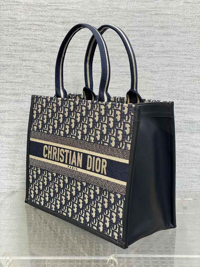 Medium Dior Book Tote M1296 Blue Dior Oblique Embroidery and Calfskin - Default Title - View 3