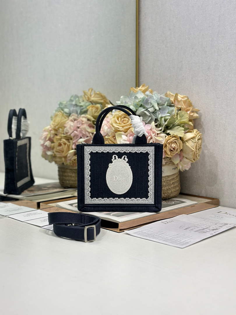 Dioramour Mini Dior Book Tote – Soupir Navy Oblique / White Lace - S5584