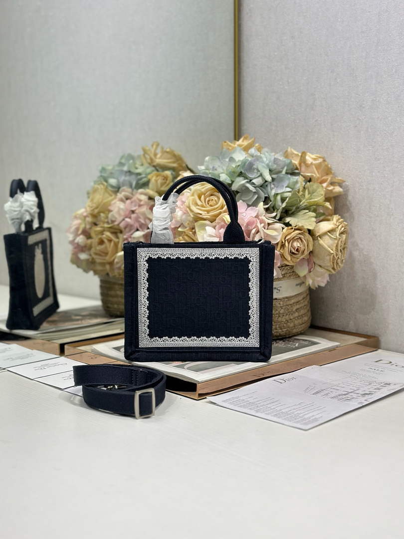 Dioramour Mini Dior Book Tote – Soupir Navy Oblique / White Lace - S5584