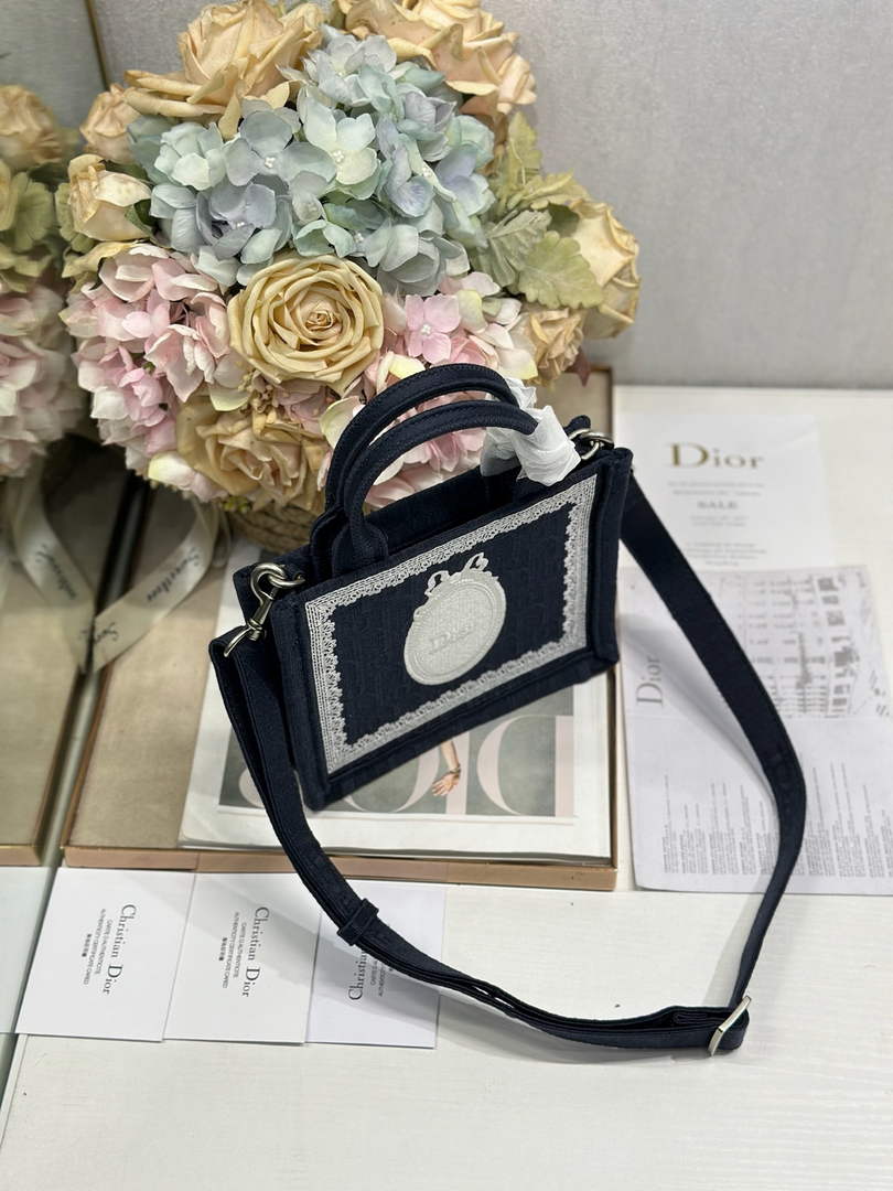 Dioramour Mini Dior Book Tote – Soupir Navy Oblique / White Lace - S5584