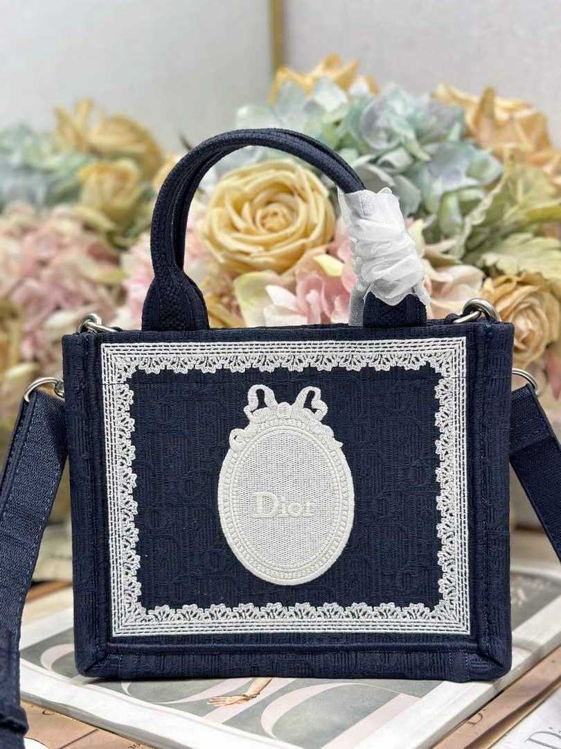 Dioramour Mini Dior Book Tote – Soupir Navy Oblique / White Lace - S5584