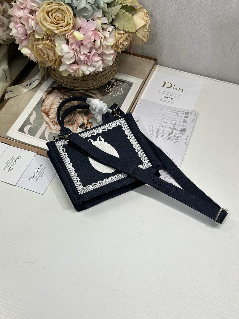 Dioramour Mini Dior Book Tote – Soupir Navy Oblique / White Lace - S5584