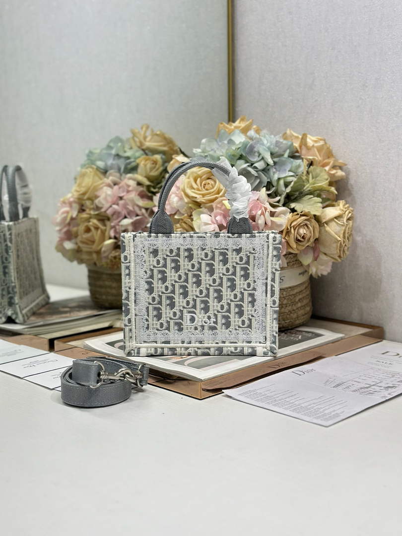 Mini Dior Book Tote – Gray Dior Oblique Embroidery & White Lace - S5584