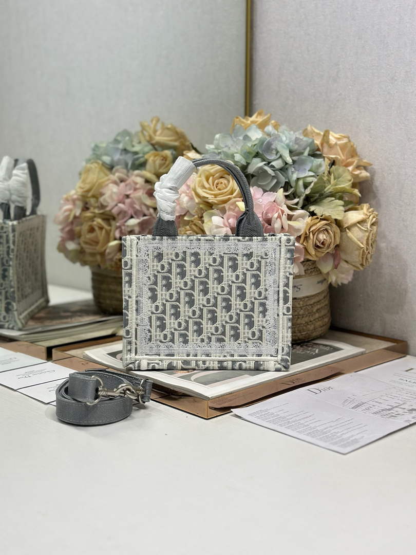 Mini Dior Book Tote – Gray Dior Oblique Embroidery & White Lace - S5584